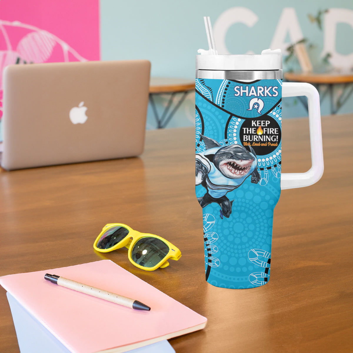 NRL Sharks NAIDOC Week Tumbler With Handle Keep The Fire Burning Indigenous Art