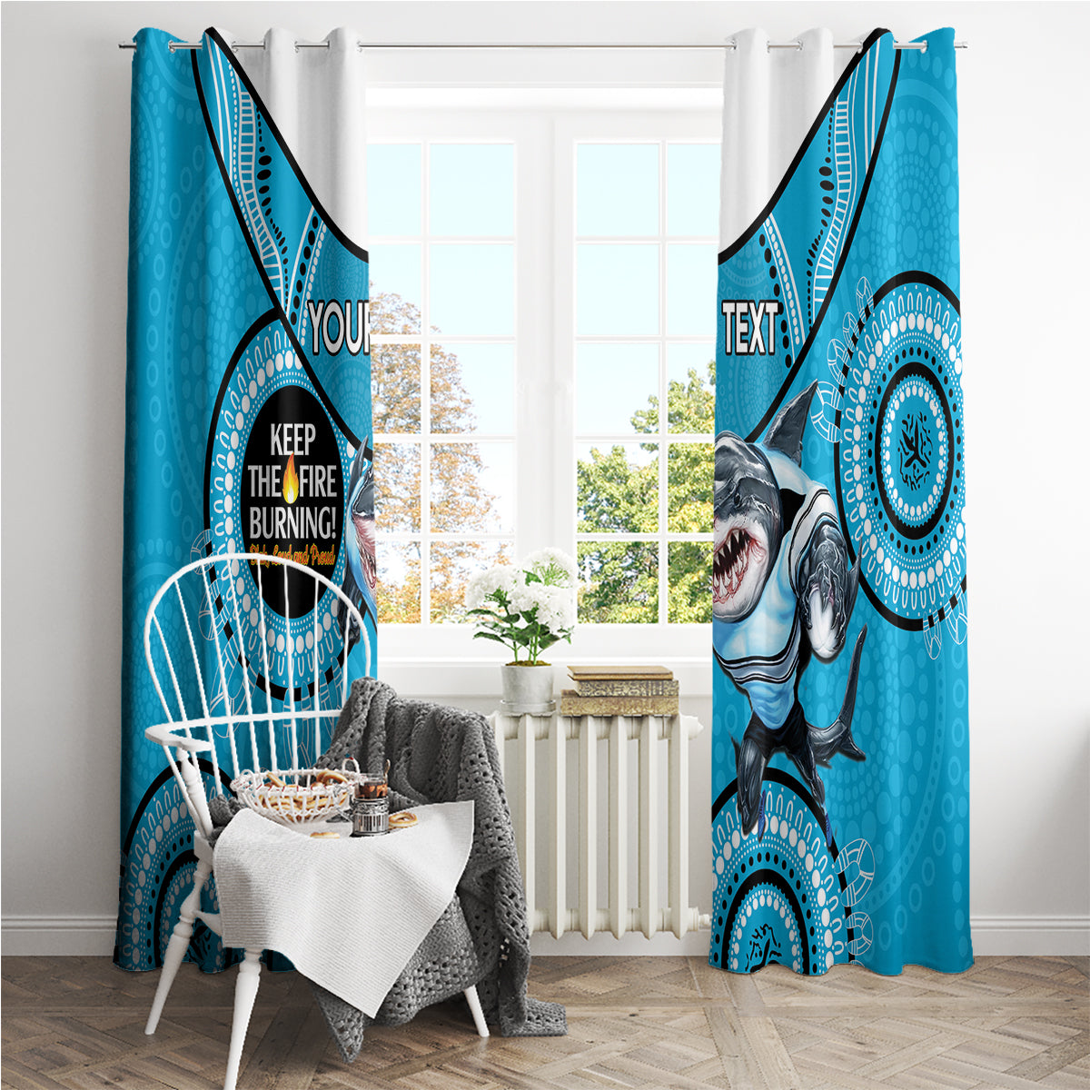 Custom NRL Sharks NAIDOC Week Window Curtain Keep The Fire Burning Indigenous Art