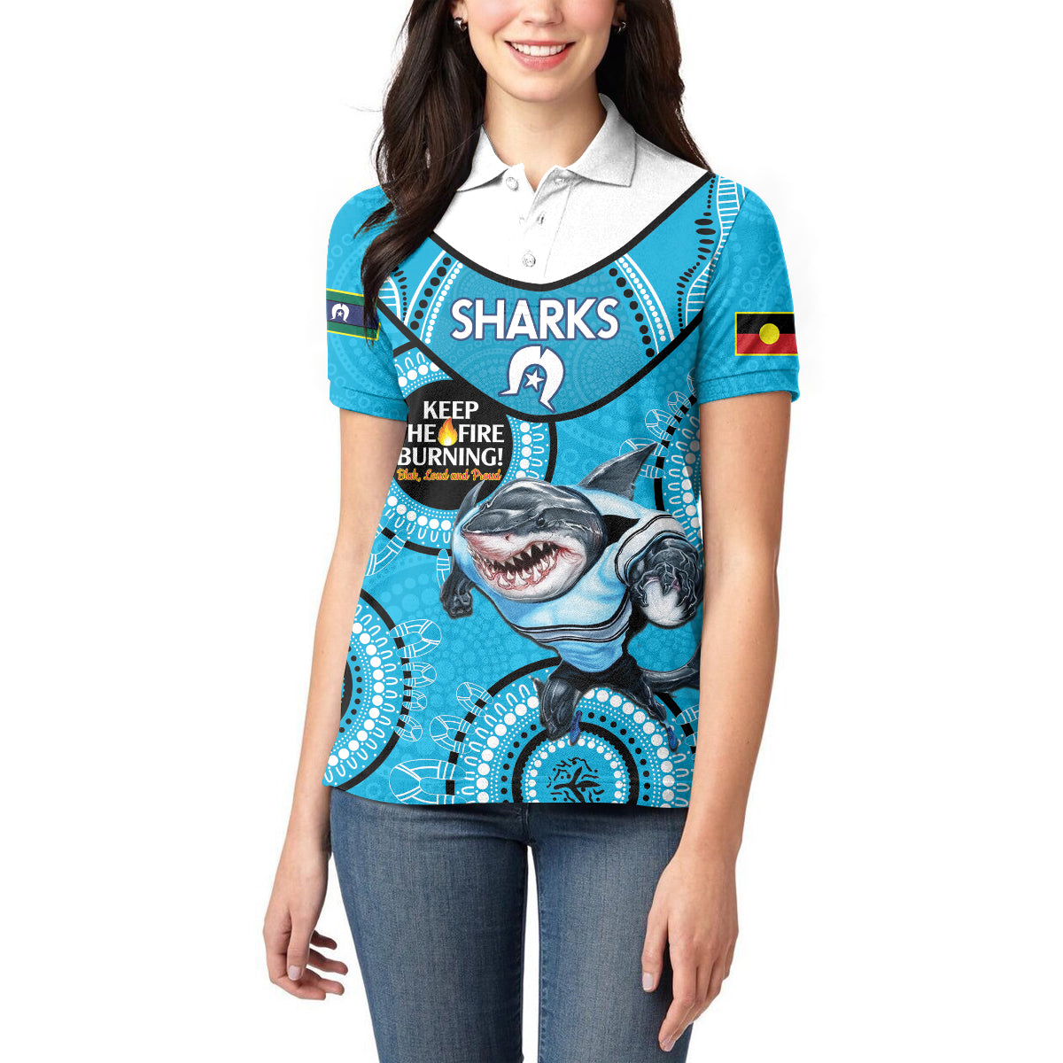 Custom NRL Sharks NAIDOC Week Women Polo Shirt Keep The Fire Burning Indigenous Art