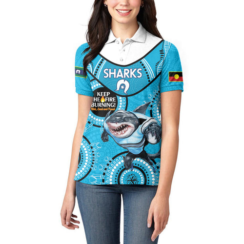Custom NRL Sharks NAIDOC Week Women Polo Shirt Keep The Fire Burning Indigenous Art