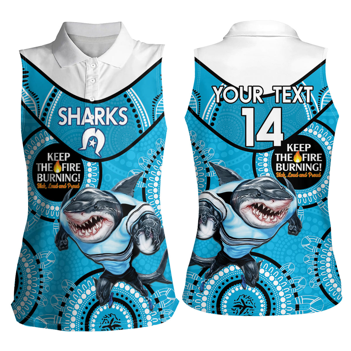 Custom NRL Sharks NAIDOC Week Women Sleeveless Polo Shirt Keep The Fire Burning Indigenous Art