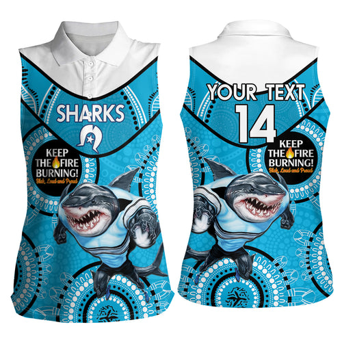 Custom NRL Sharks NAIDOC Week Women Sleeveless Polo Shirt Keep The Fire Burning Indigenous Art