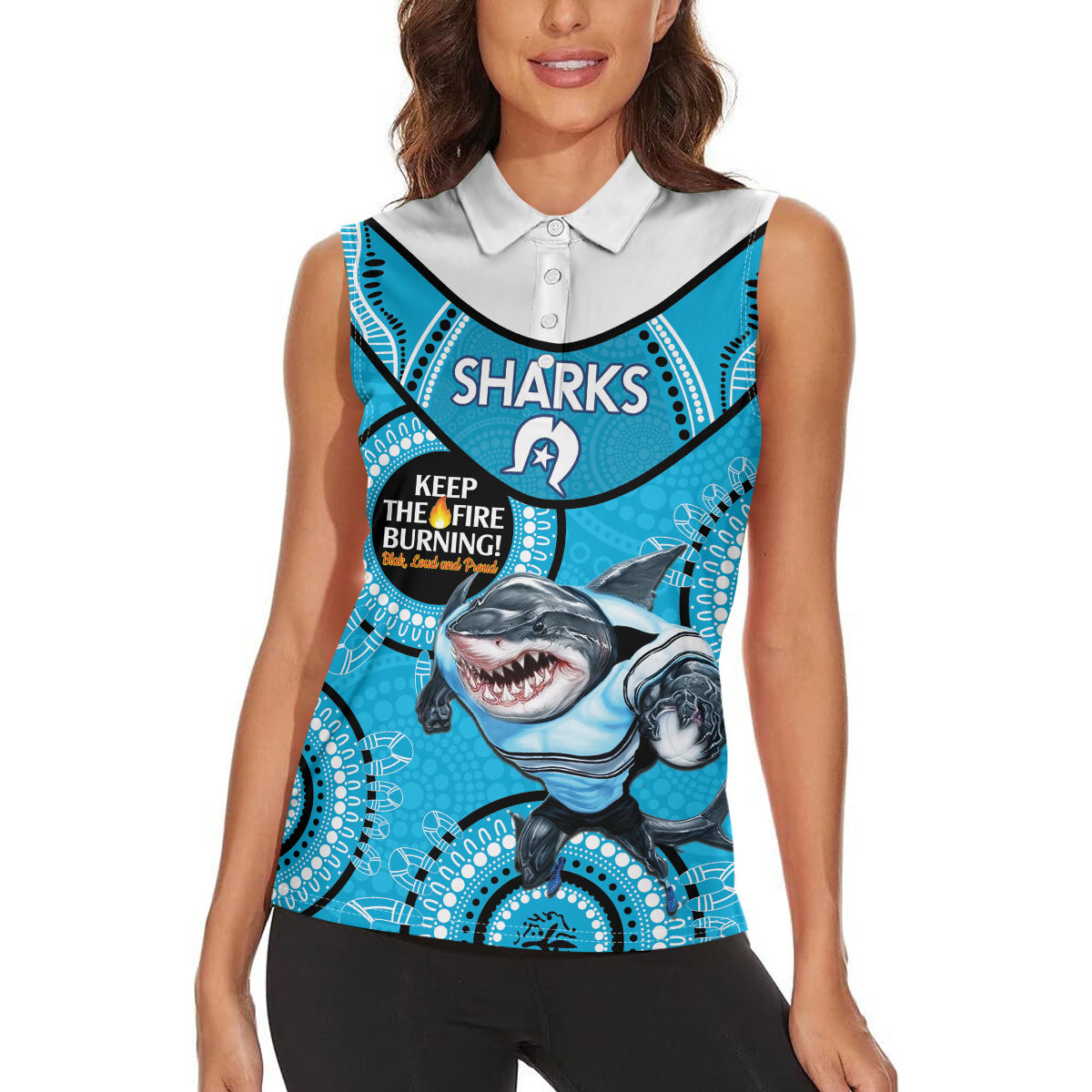 Custom NRL Sharks NAIDOC Week Women Sleeveless Polo Shirt Keep The Fire Burning Indigenous Art
