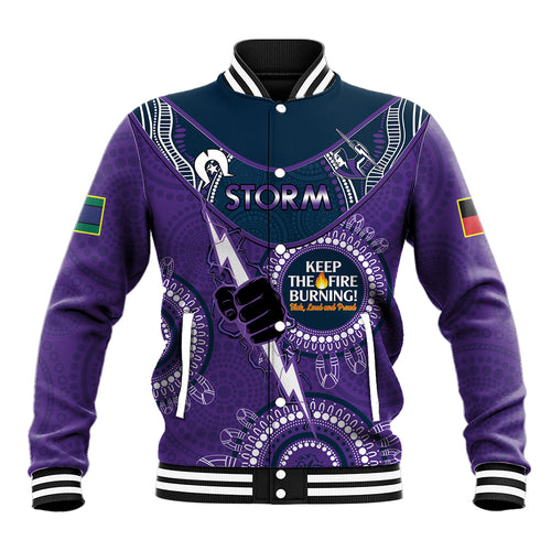 Custom NRL Storm NAIDOC Week Baseball Jacket Keep The Fire Burning Indigenous Art