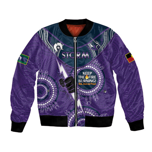 Custom NRL Storm NAIDOC Week Bomber Jacket Keep The Fire Burning Indigenous Art