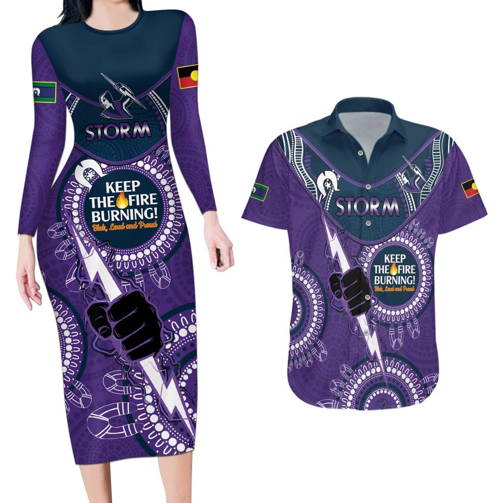 Custom NRL Storm NAIDOC Week Couples Matching Long Sleeve Bodycon Dress and Hawaiian Shirt Keep The Fire Burning Indigenous Art