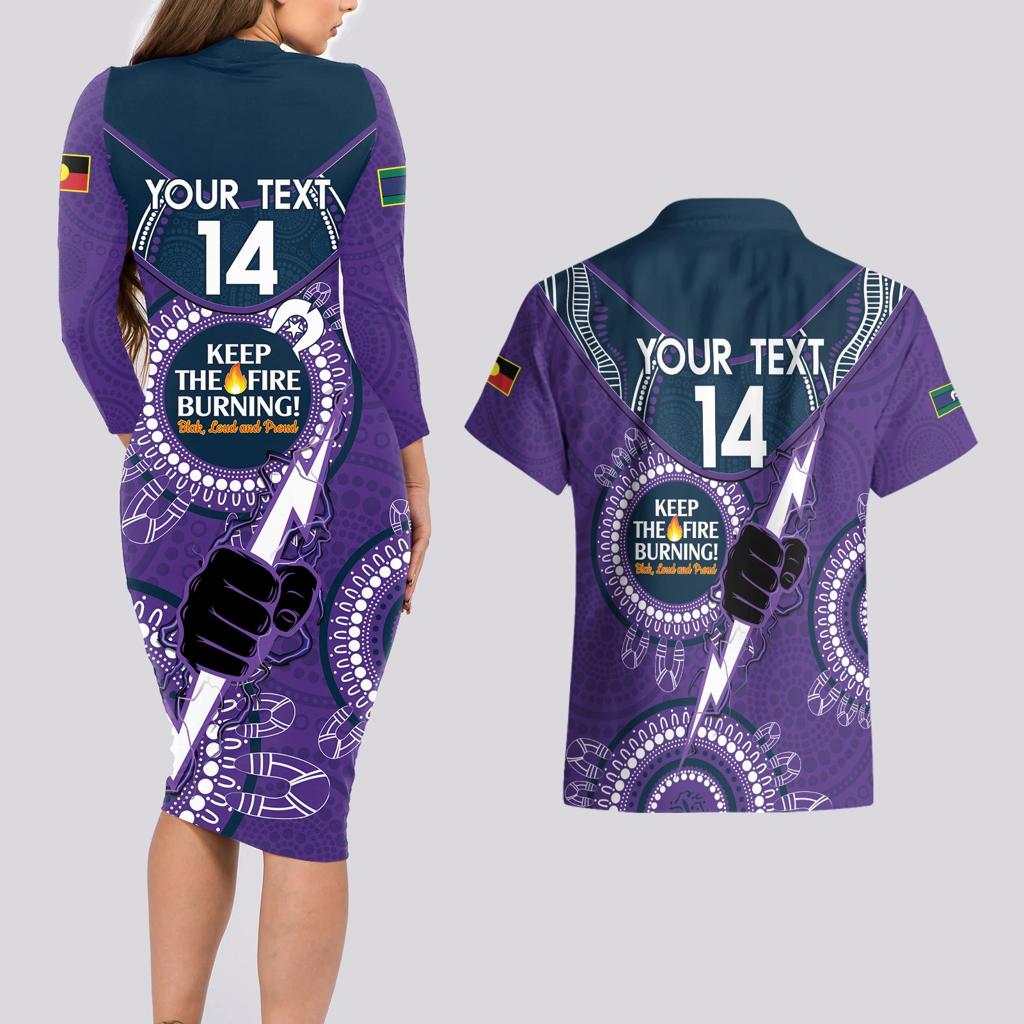 Custom NRL Storm NAIDOC Week Couples Matching Long Sleeve Bodycon Dress and Hawaiian Shirt Keep The Fire Burning Indigenous Art