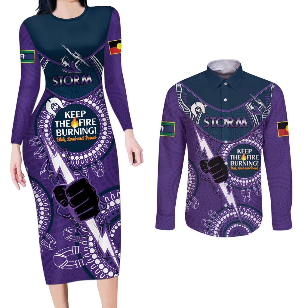 Custom NRL Storm NAIDOC Week Couples Matching Long Sleeve Bodycon Dress and Long Sleeve Button Shirt Keep The Fire Burning Indigenous Art