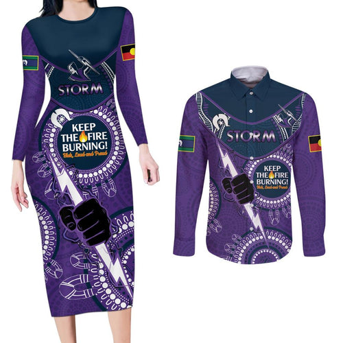 Custom NRL Storm NAIDOC Week Couples Matching Long Sleeve Bodycon Dress and Long Sleeve Button Shirt Keep The Fire Burning Indigenous Art