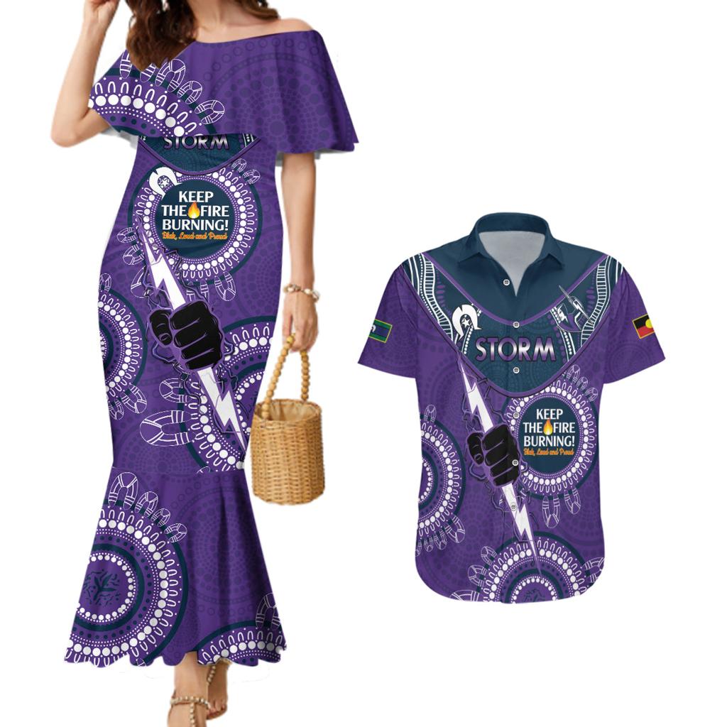 Custom NRL Storm NAIDOC Week Couples Matching Mermaid Dress and Hawaiian Shirt Keep The Fire Burning Indigenous Art