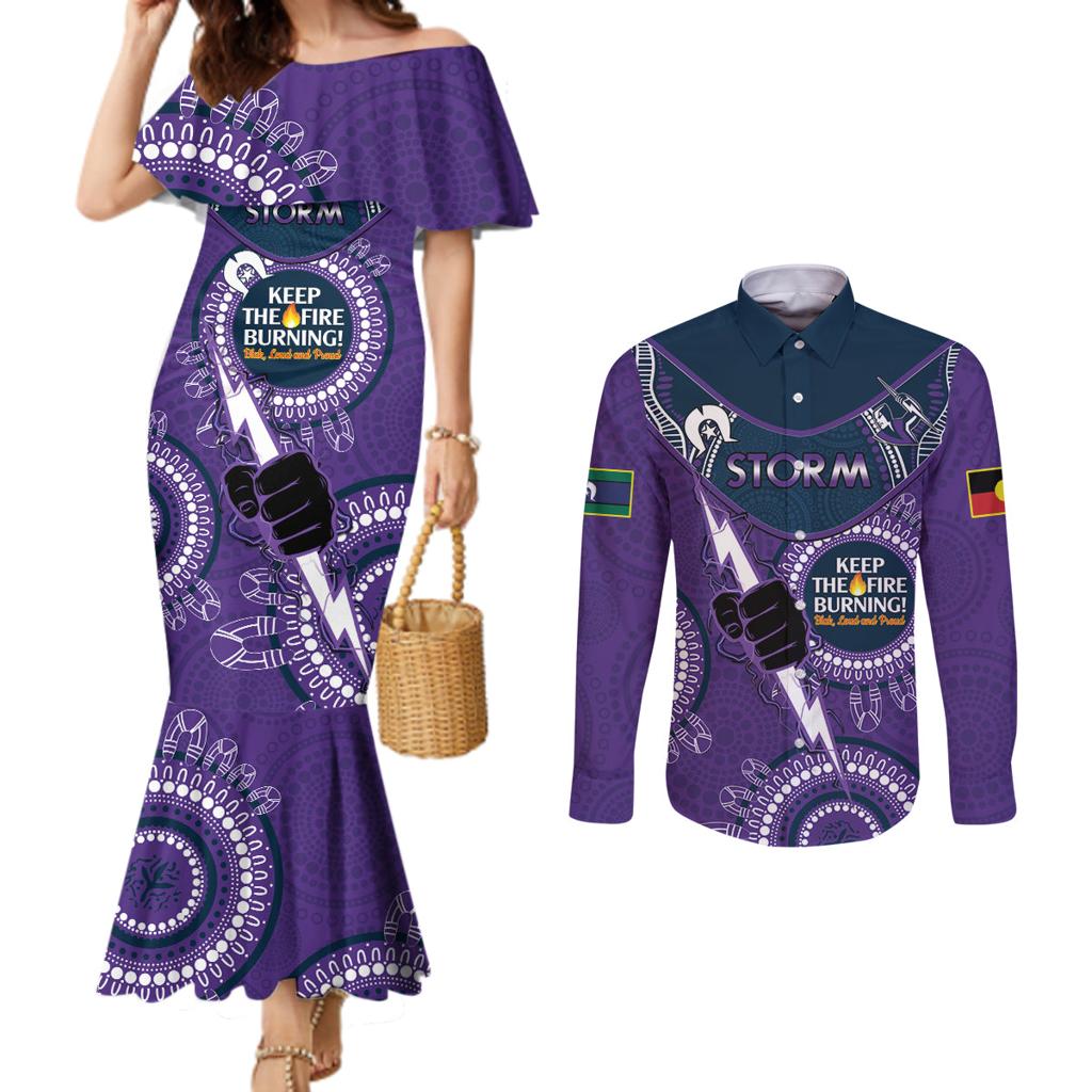 Custom NRL Storm NAIDOC Week Couples Matching Mermaid Dress and Long Sleeve Button Shirt Keep The Fire Burning Indigenous Art