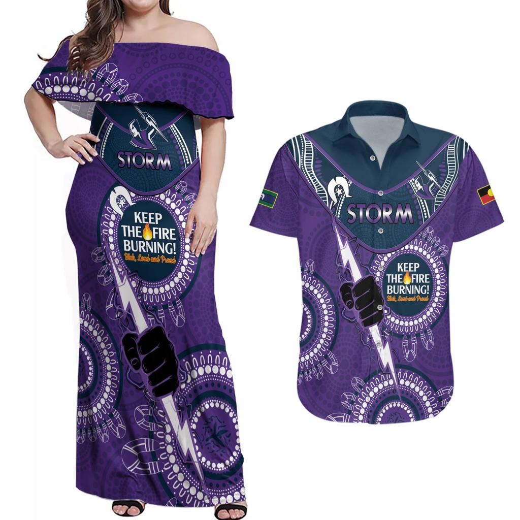 Custom NRL Storm NAIDOC Week Couples Matching Off Shoulder Maxi Dress and Hawaiian Shirt Keep The Fire Burning Indigenous Art