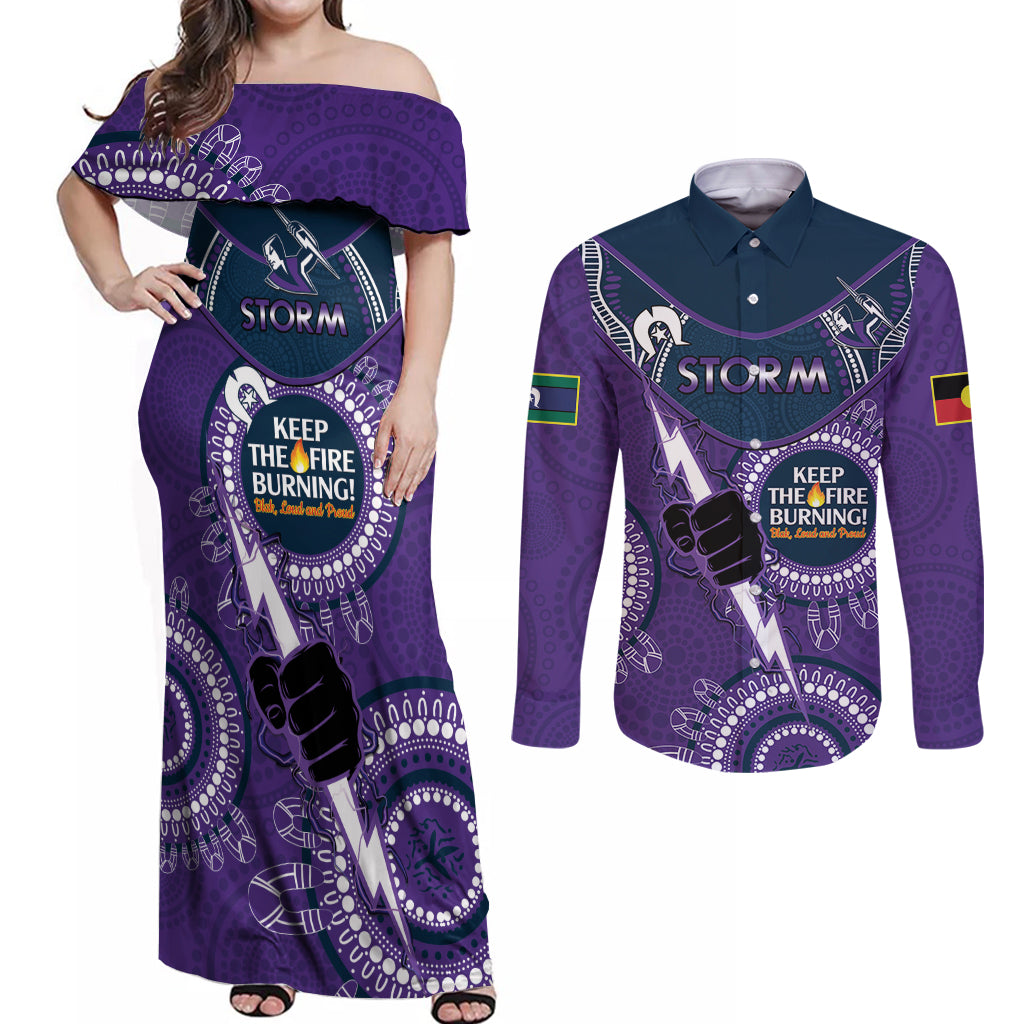 Custom NRL Storm NAIDOC Week Couples Matching Off Shoulder Maxi Dress and Long Sleeve Button Shirt Keep The Fire Burning Indigenous Art