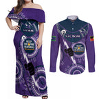 Custom NRL Storm NAIDOC Week Couples Matching Off Shoulder Maxi Dress and Long Sleeve Button Shirt Keep The Fire Burning Indigenous Art