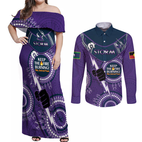 Custom NRL Storm NAIDOC Week Couples Matching Off Shoulder Maxi Dress and Long Sleeve Button Shirt Keep The Fire Burning Indigenous Art