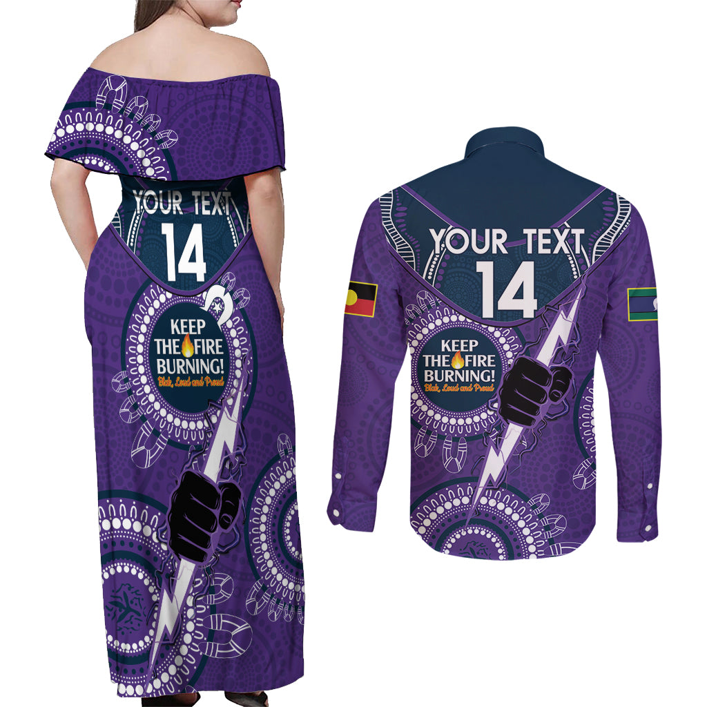Custom NRL Storm NAIDOC Week Couples Matching Off Shoulder Maxi Dress and Long Sleeve Button Shirt Keep The Fire Burning Indigenous Art