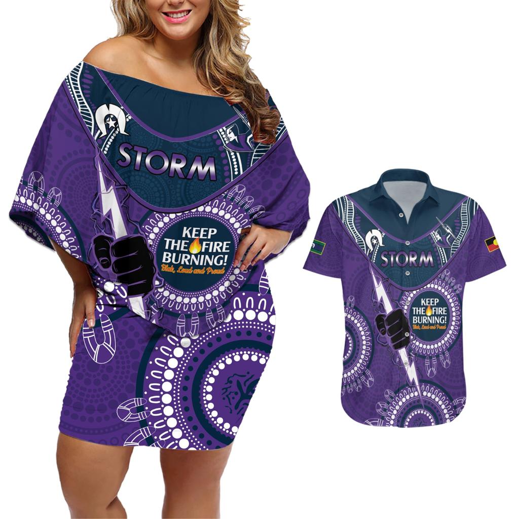 Custom NRL Storm NAIDOC Week Couples Matching Off Shoulder Short Dress and Hawaiian Shirt Keep The Fire Burning Indigenous Art