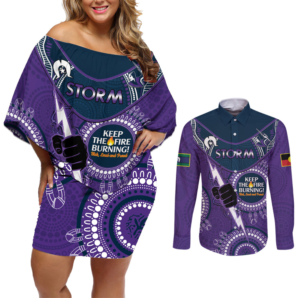 Custom NRL Storm NAIDOC Week Couples Matching Off Shoulder Short Dress and Long Sleeve Button Shirt Keep The Fire Burning Indigenous Art