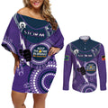 Custom NRL Storm NAIDOC Week Couples Matching Off Shoulder Short Dress and Long Sleeve Button Shirt Keep The Fire Burning Indigenous Art
