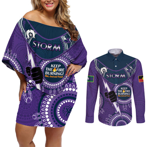Custom NRL Storm NAIDOC Week Couples Matching Off Shoulder Short Dress and Long Sleeve Button Shirt Keep The Fire Burning Indigenous Art