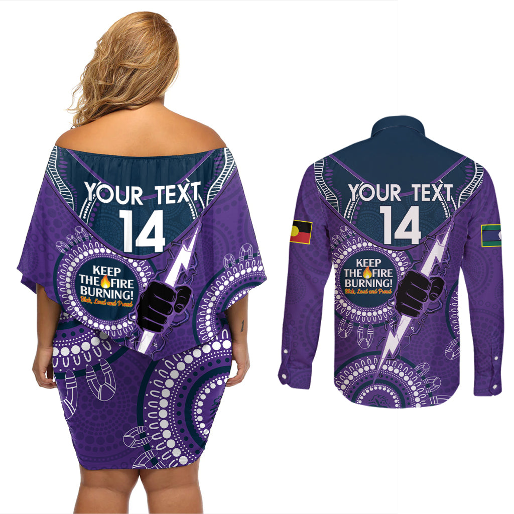 Custom NRL Storm NAIDOC Week Couples Matching Off Shoulder Short Dress and Long Sleeve Button Shirt Keep The Fire Burning Indigenous Art