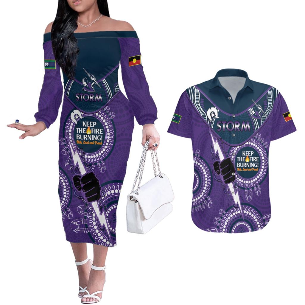 Custom NRL Storm NAIDOC Week Couples Matching Off The Shoulder Long Sleeve Dress and Hawaiian Shirt Keep The Fire Burning Indigenous Art