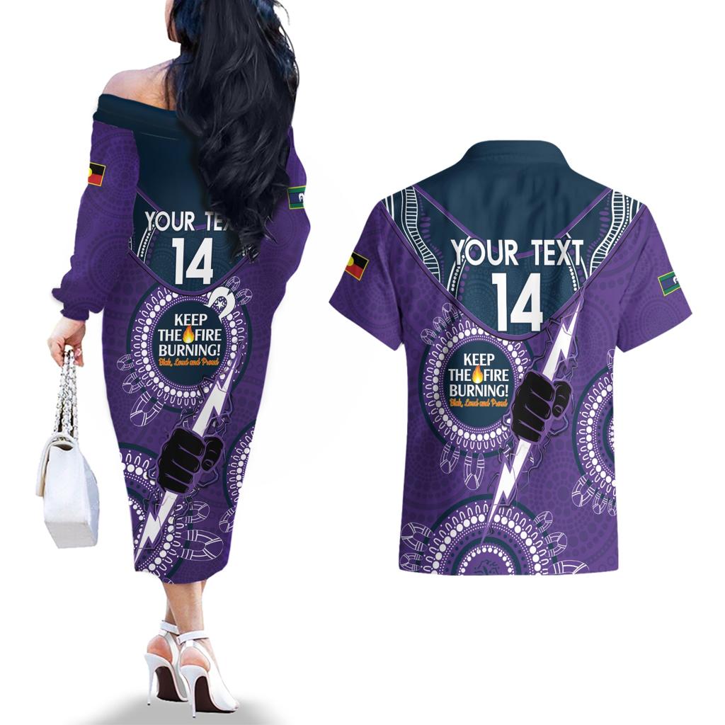 Custom NRL Storm NAIDOC Week Couples Matching Off The Shoulder Long Sleeve Dress and Hawaiian Shirt Keep The Fire Burning Indigenous Art