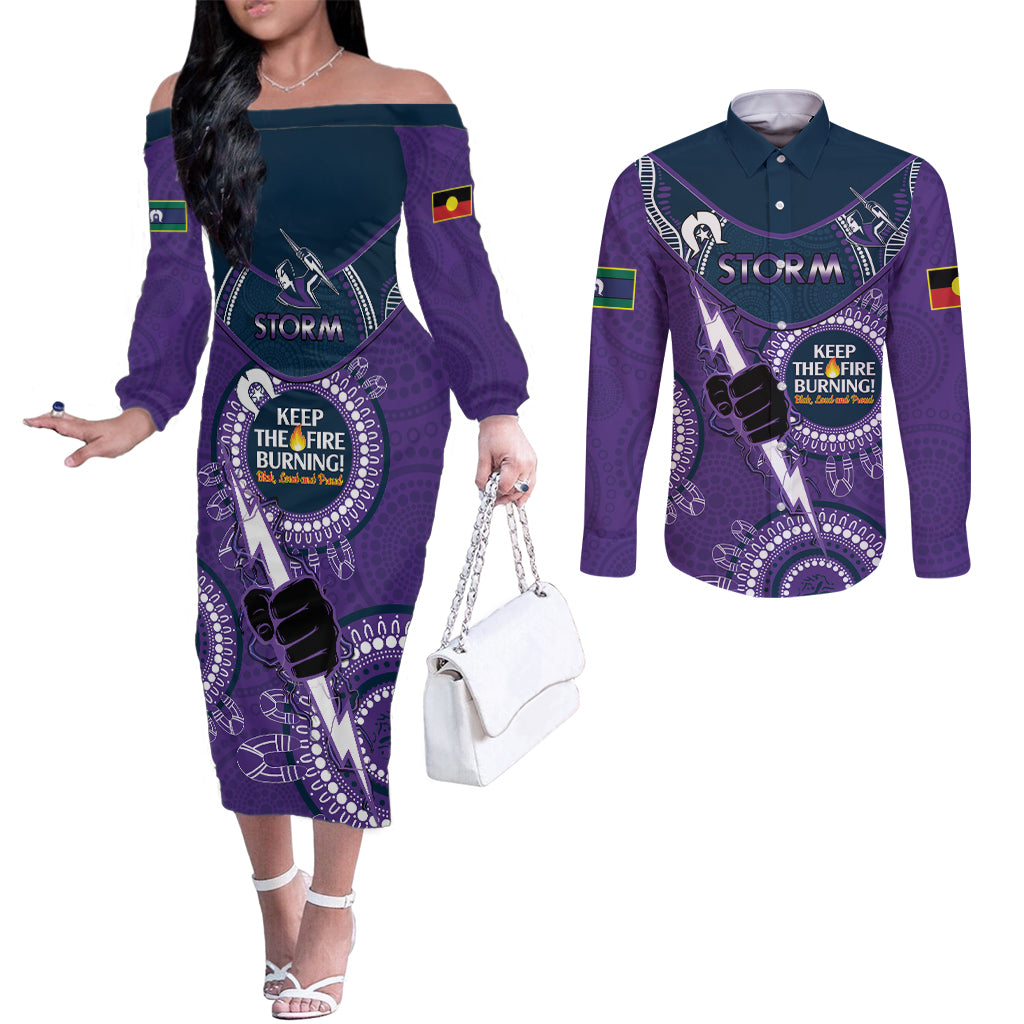 Custom NRL Storm NAIDOC Week Couples Matching Off The Shoulder Long Sleeve Dress and Long Sleeve Button Shirt Keep The Fire Burning Indigenous Art