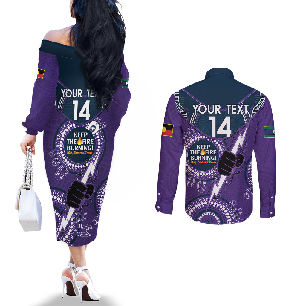 Custom NRL Storm NAIDOC Week Couples Matching Off The Shoulder Long Sleeve Dress and Long Sleeve Button Shirt Keep The Fire Burning Indigenous Art