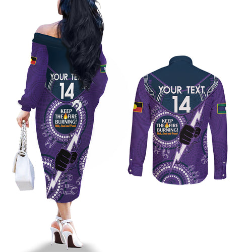 Custom NRL Storm NAIDOC Week Couples Matching Off The Shoulder Long Sleeve Dress and Long Sleeve Button Shirt Keep The Fire Burning Indigenous Art