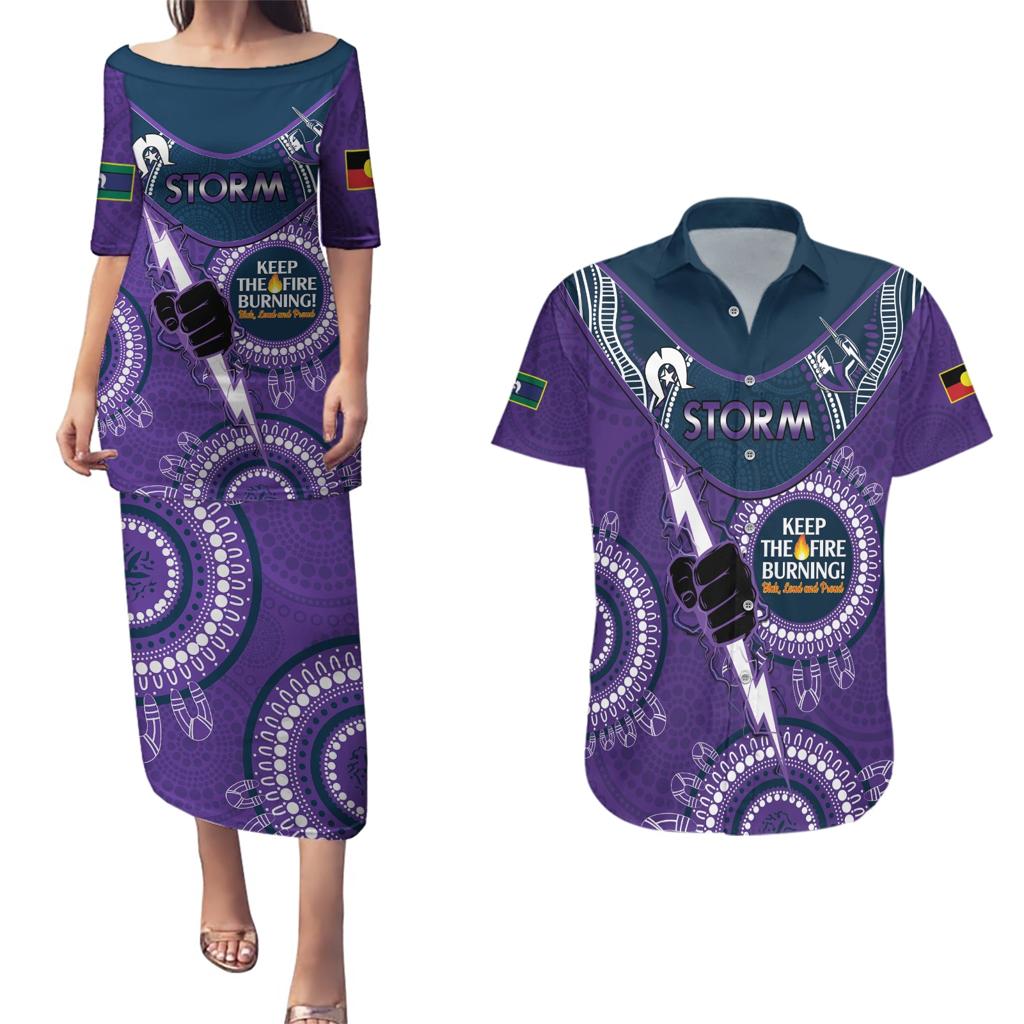 Custom NRL Storm NAIDOC Week Couples Matching Puletasi and Hawaiian Shirt Keep The Fire Burning Indigenous Art