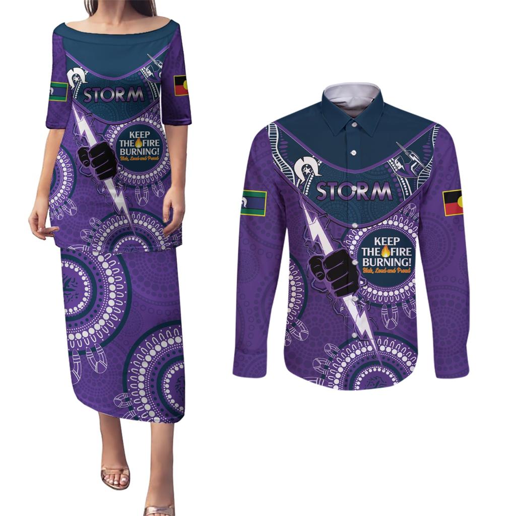 Custom NRL Storm NAIDOC Week Couples Matching Puletasi and Long Sleeve Button Shirt Keep The Fire Burning Indigenous Art