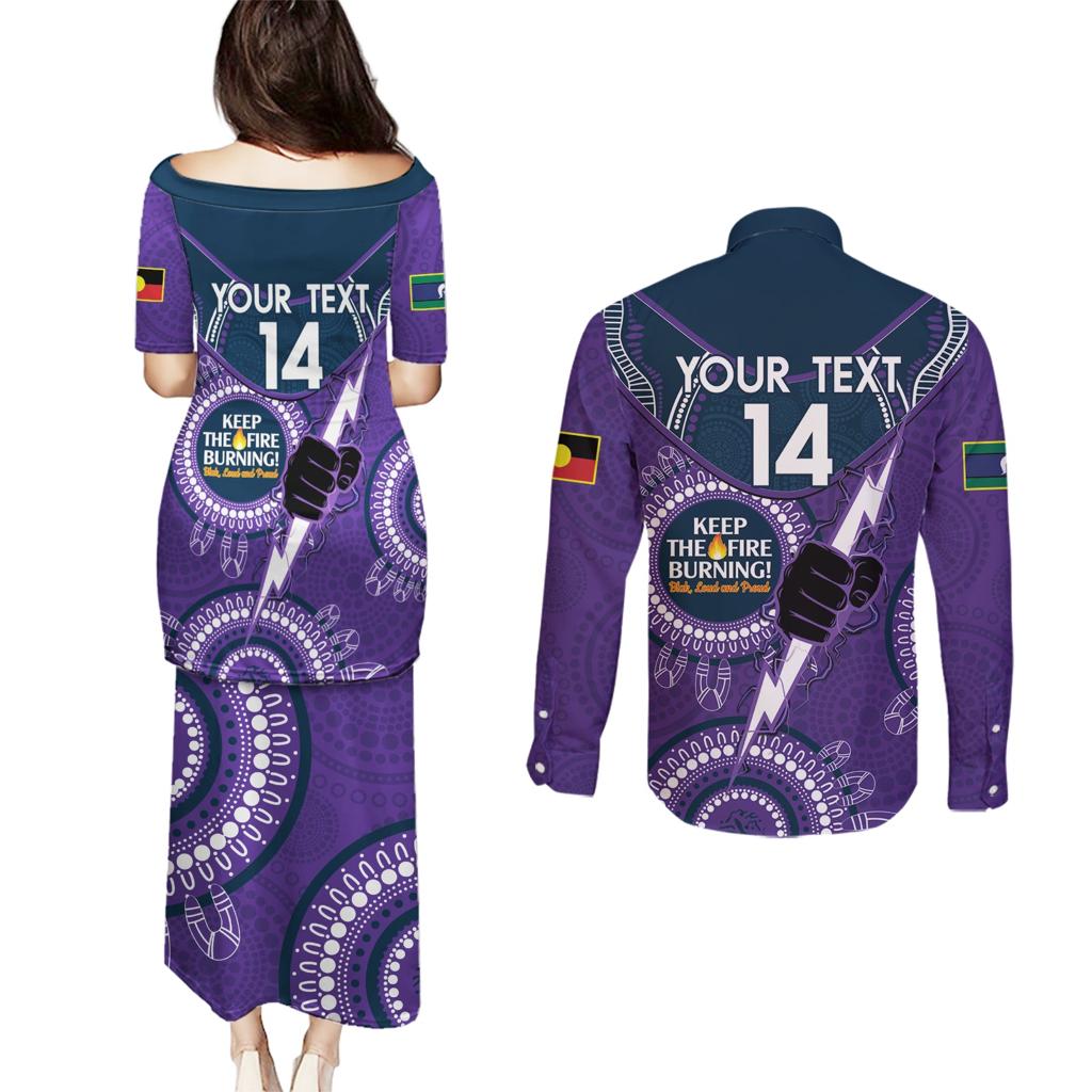 Custom NRL Storm NAIDOC Week Couples Matching Puletasi and Long Sleeve Button Shirt Keep The Fire Burning Indigenous Art