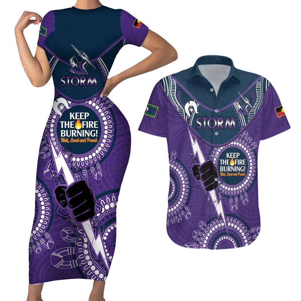 Custom NRL Storm NAIDOC Week Couples Matching Short Sleeve Bodycon Dress and Hawaiian Shirt Keep The Fire Burning Indigenous Art