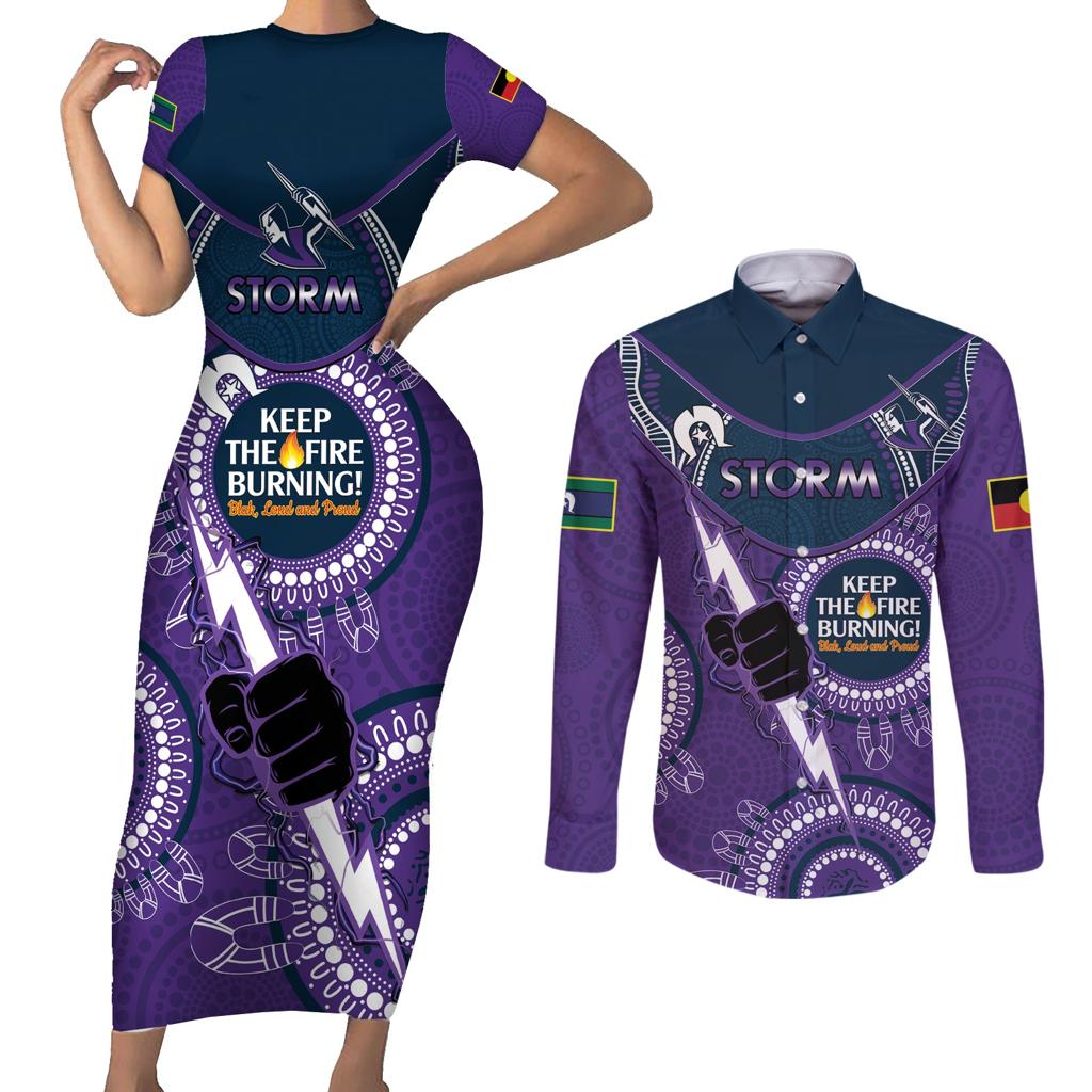 Custom NRL Storm NAIDOC Week Couples Matching Short Sleeve Bodycon Dress and Long Sleeve Button Shirt Keep The Fire Burning Indigenous Art