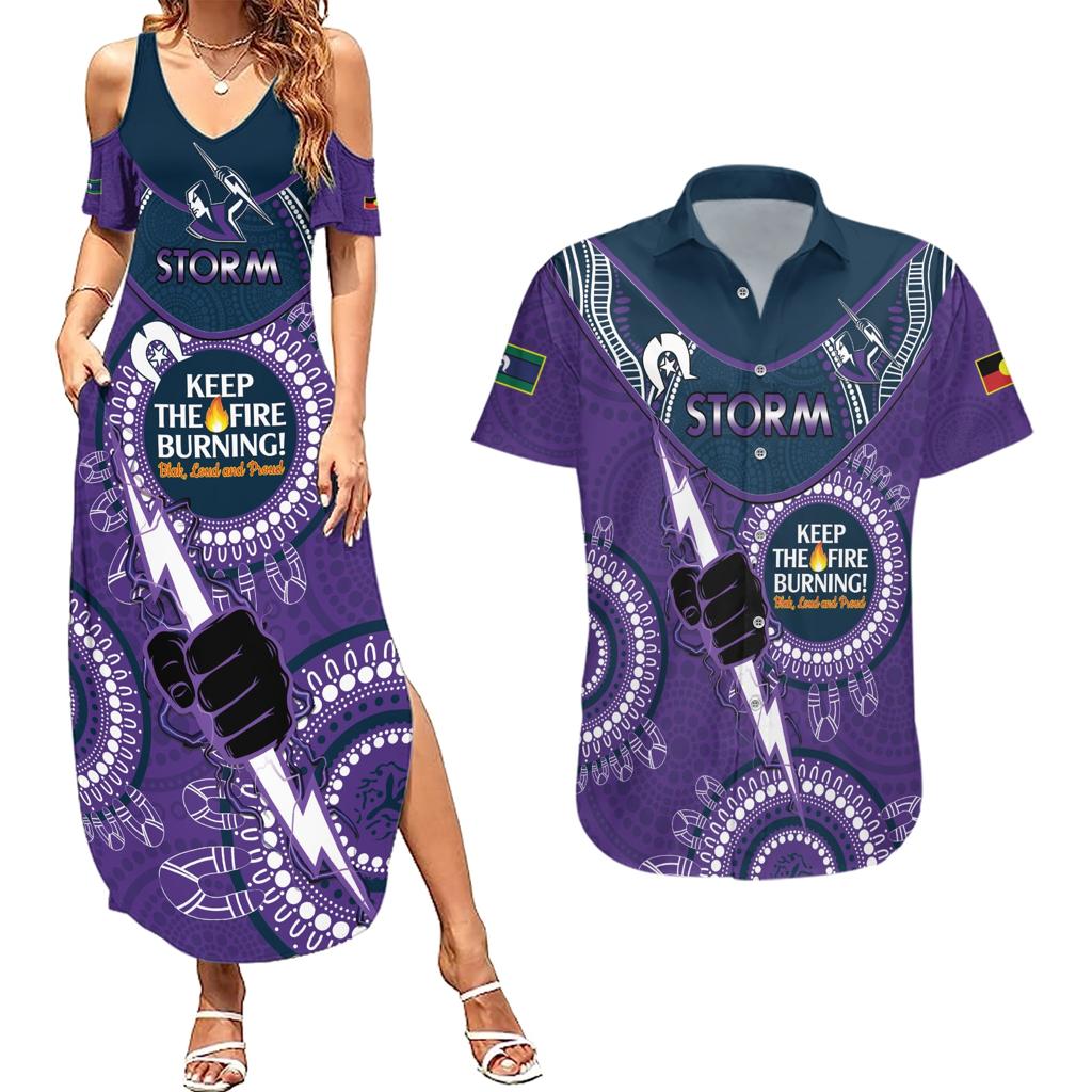 Custom NRL Storm NAIDOC Week Couples Matching Summer Maxi Dress and Hawaiian Shirt Keep The Fire Burning Indigenous Art
