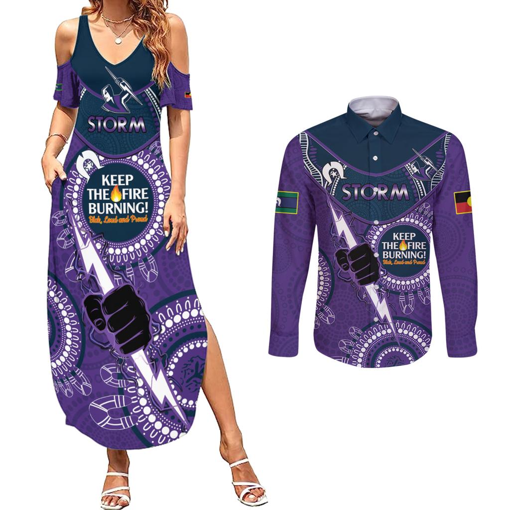 Custom NRL Storm NAIDOC Week Couples Matching Summer Maxi Dress and Long Sleeve Button Shirt Keep The Fire Burning Indigenous Art