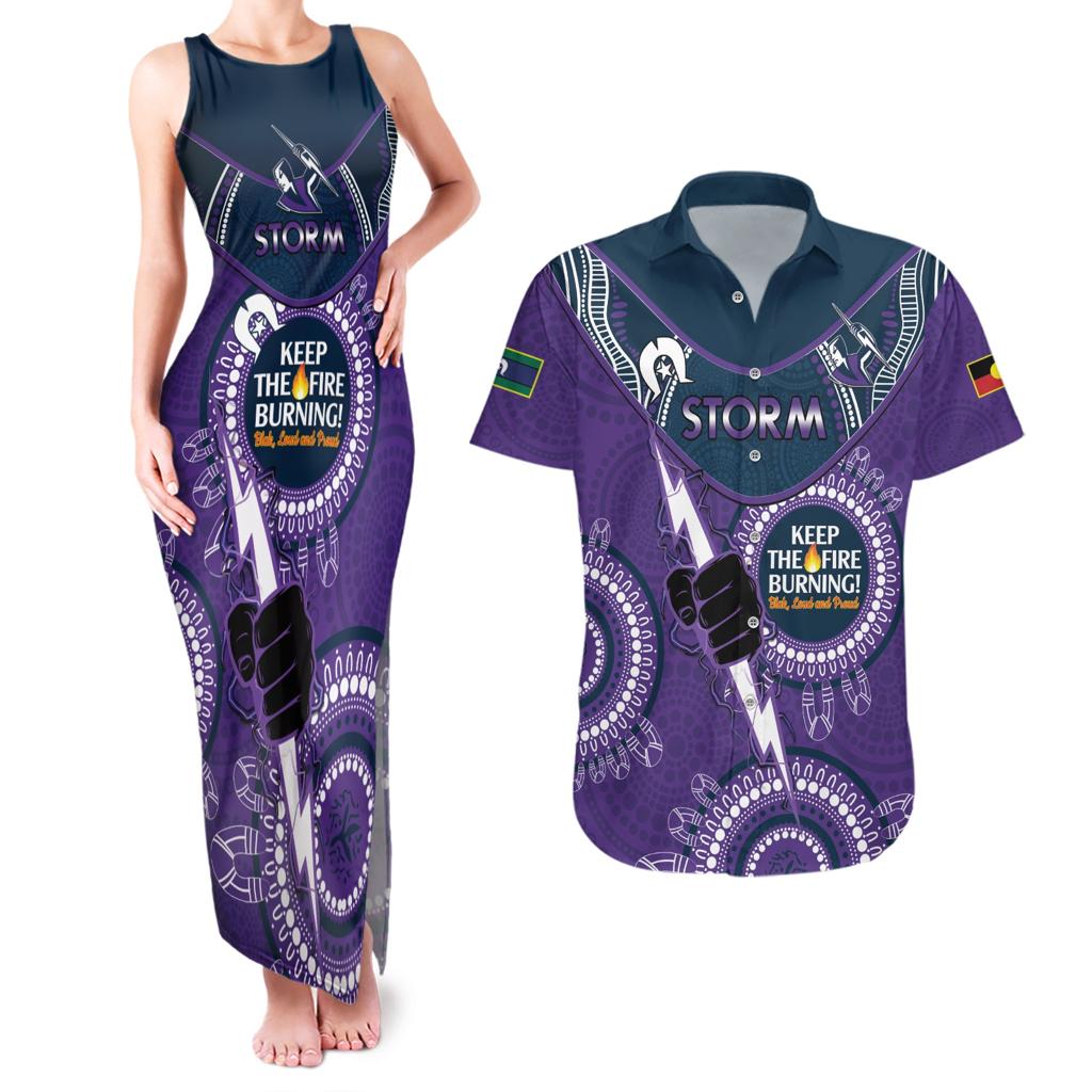 Custom NRL Storm NAIDOC Week Couples Matching Tank Maxi Dress and Hawaiian Shirt Keep The Fire Burning Indigenous Art