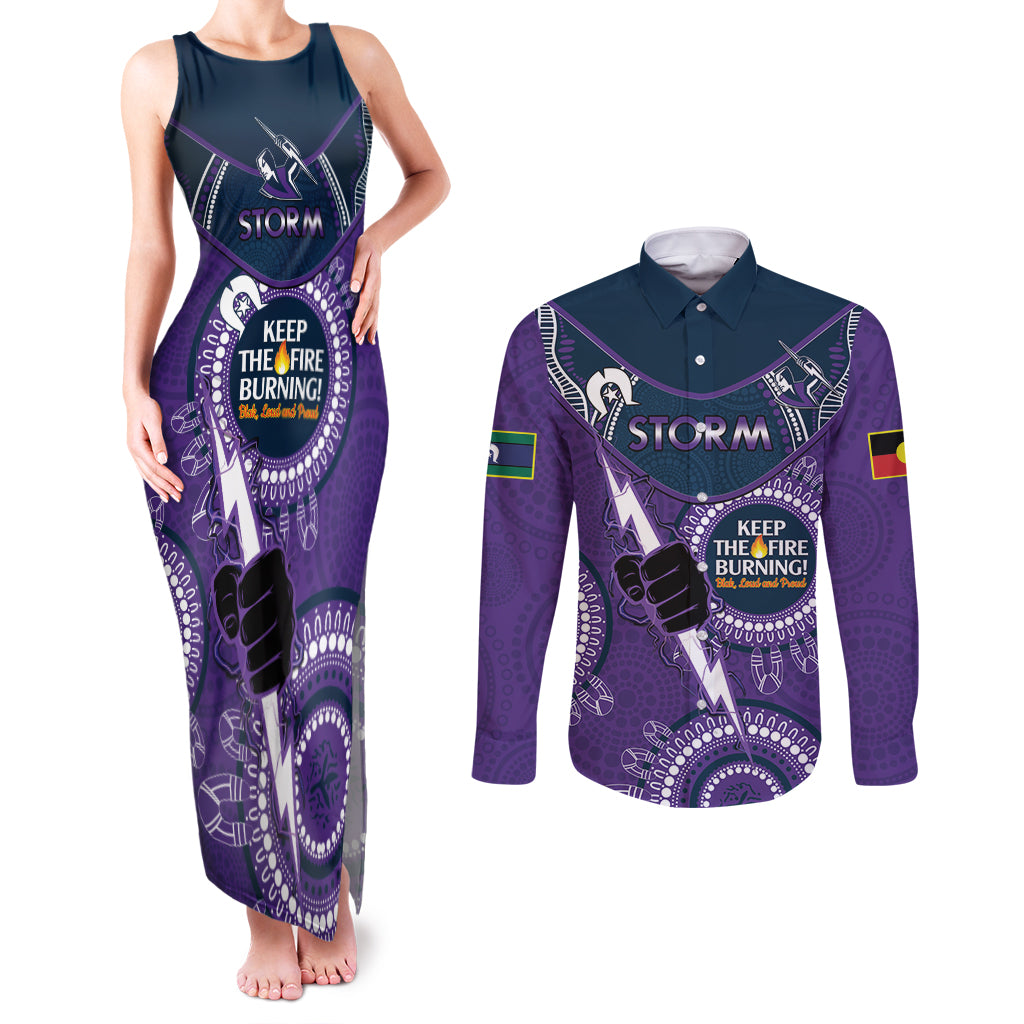 Custom NRL Storm NAIDOC Week Couples Matching Tank Maxi Dress and Long Sleeve Button Shirt Keep The Fire Burning Indigenous Art