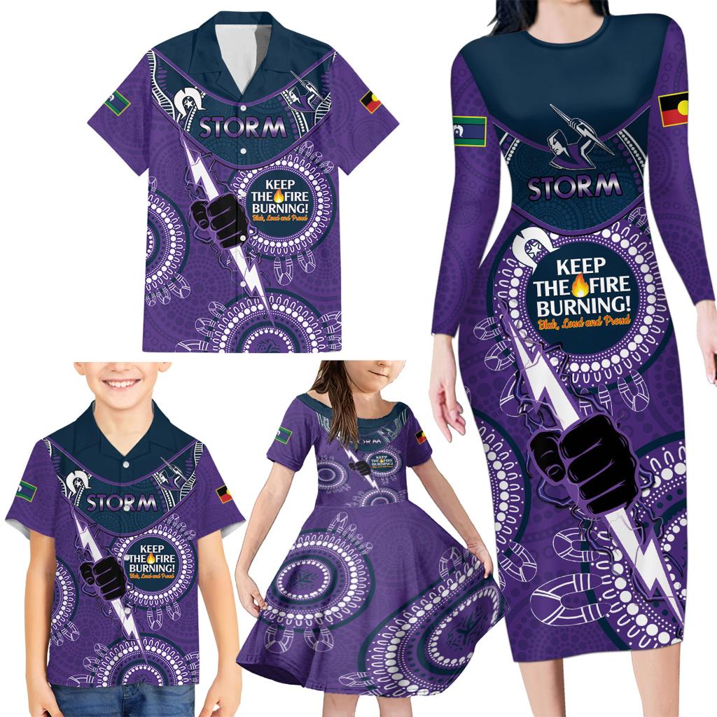 Custom NRL Storm NAIDOC Week Family Matching Long Sleeve Bodycon Dress and Hawaiian Shirt Keep The Fire Burning Indigenous Art