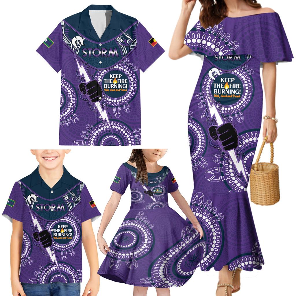 Custom NRL Storm NAIDOC Week Family Matching Mermaid Dress and Hawaiian Shirt Keep The Fire Burning Indigenous Art