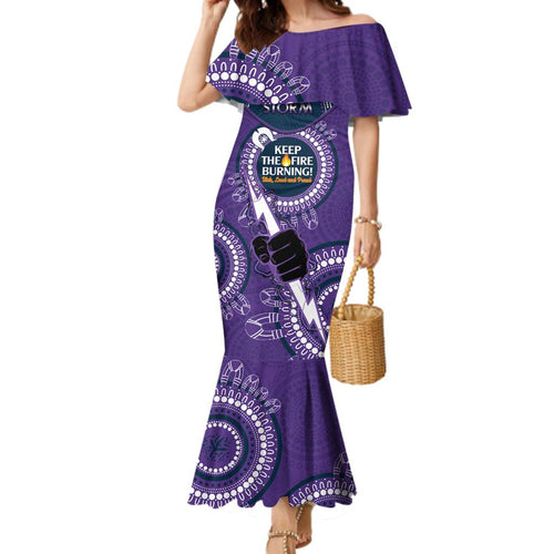 Custom NRL Storm NAIDOC Week Family Matching Mermaid Dress and Hawaiian Shirt Keep The Fire Burning Indigenous Art