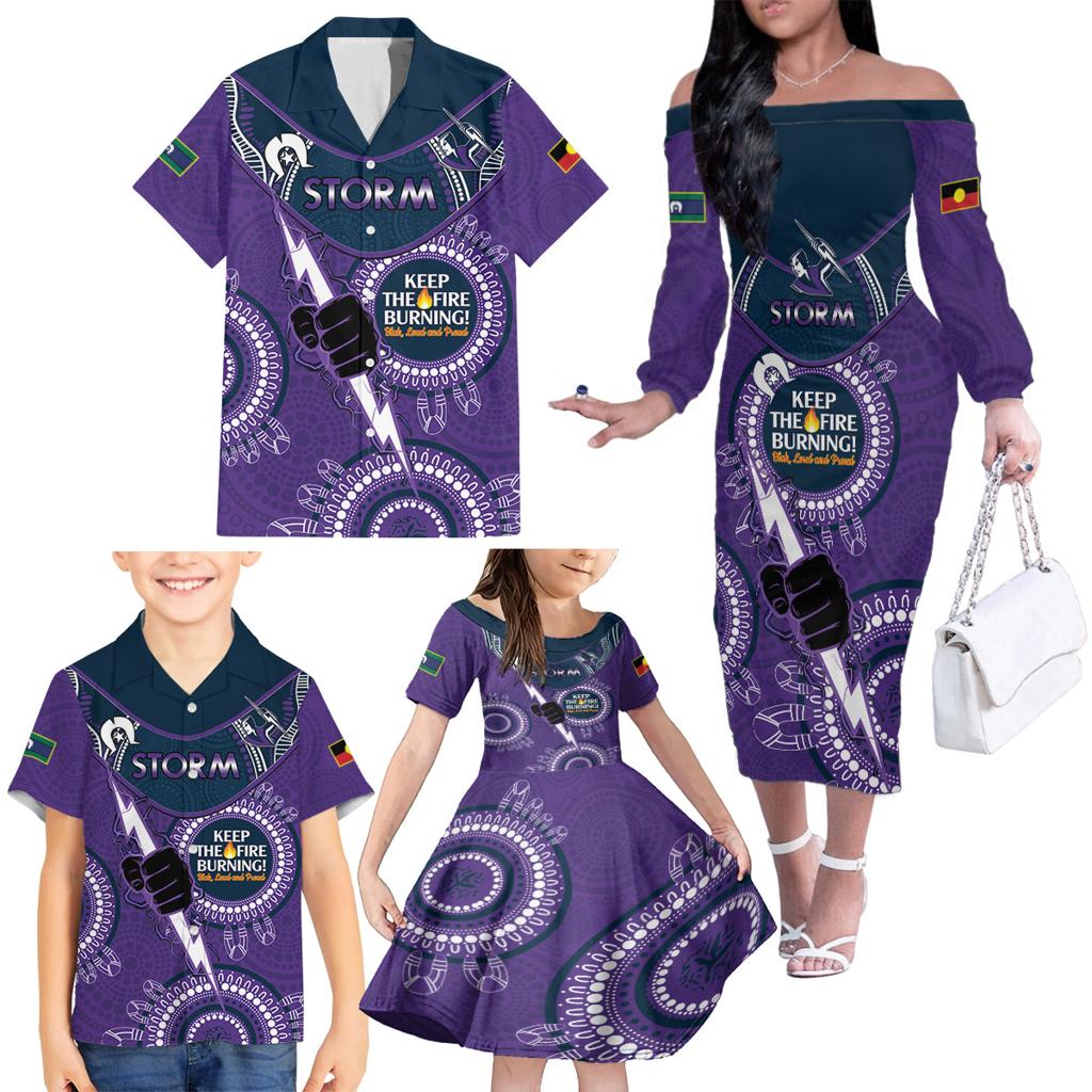 Custom NRL Storm NAIDOC Week Family Matching Off The Shoulder Long Sleeve Dress and Hawaiian Shirt Keep The Fire Burning Indigenous Art
