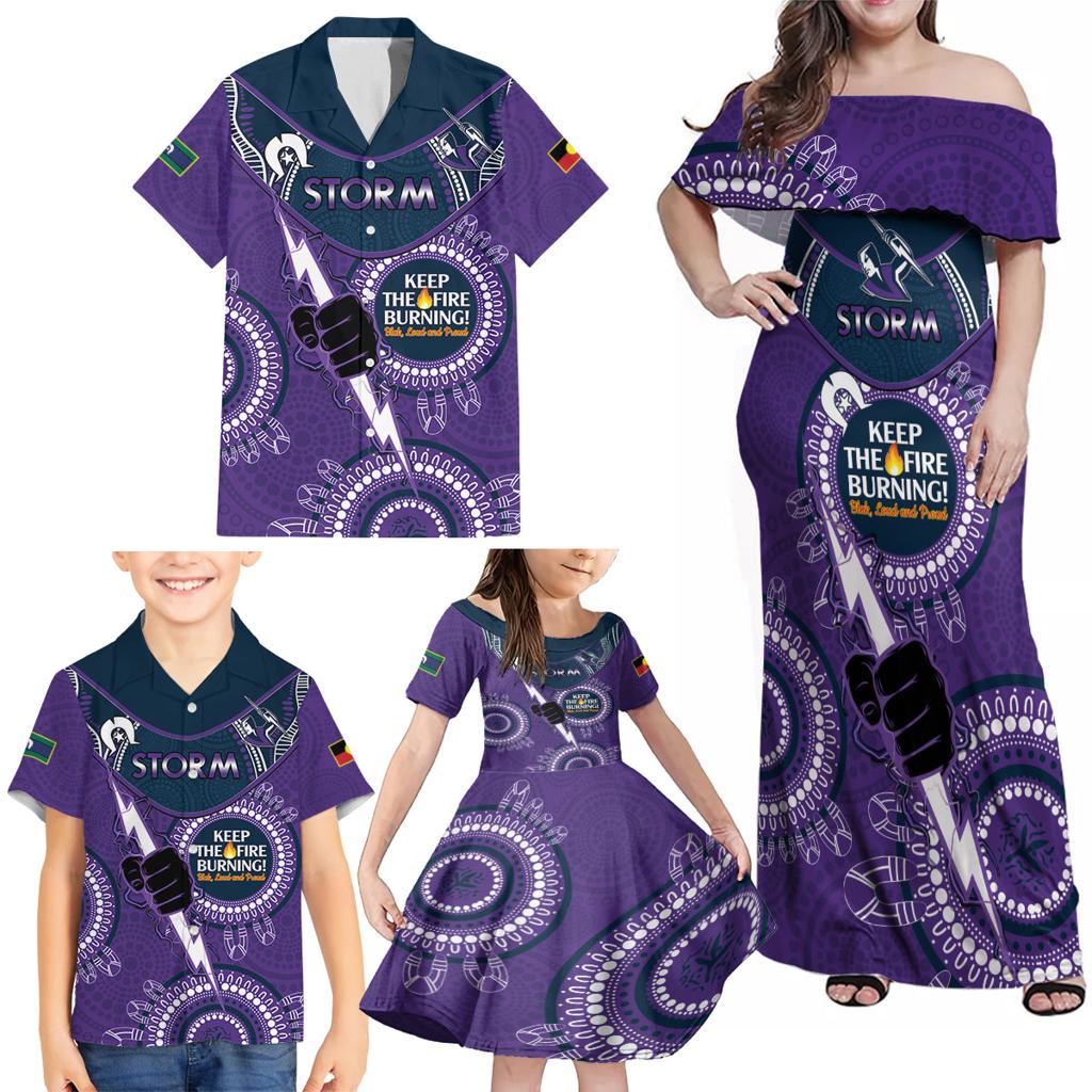 Custom NRL Storm NAIDOC Week Family Matching Off Shoulder Maxi Dress and Hawaiian Shirt Keep The Fire Burning Indigenous Art