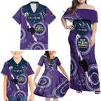 Custom NRL Storm NAIDOC Week Family Matching Off Shoulder Maxi Dress and Hawaiian Shirt Keep The Fire Burning Indigenous Art