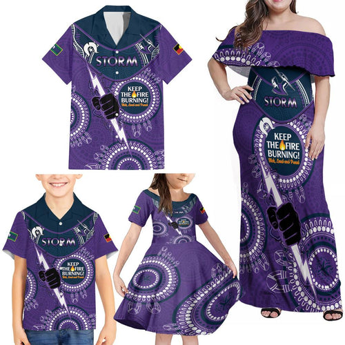 Custom NRL Storm NAIDOC Week Family Matching Off Shoulder Maxi Dress and Hawaiian Shirt Keep The Fire Burning Indigenous Art