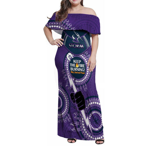 Custom NRL Storm NAIDOC Week Family Matching Off Shoulder Maxi Dress and Hawaiian Shirt Keep The Fire Burning Indigenous Art