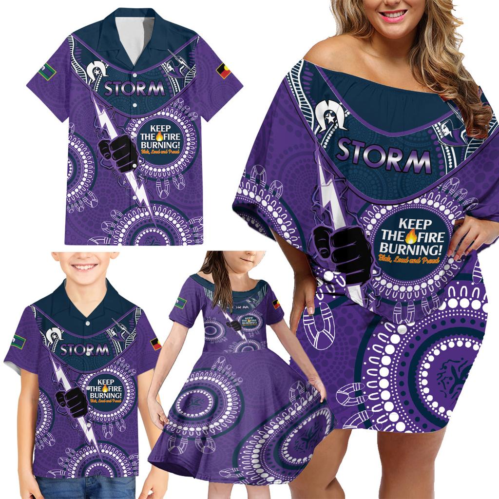 Custom NRL Storm NAIDOC Week Family Matching Off Shoulder Short Dress and Hawaiian Shirt Keep The Fire Burning Indigenous Art