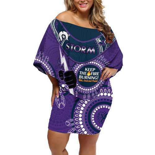 Custom NRL Storm NAIDOC Week Family Matching Off Shoulder Short Dress and Hawaiian Shirt Keep The Fire Burning Indigenous Art