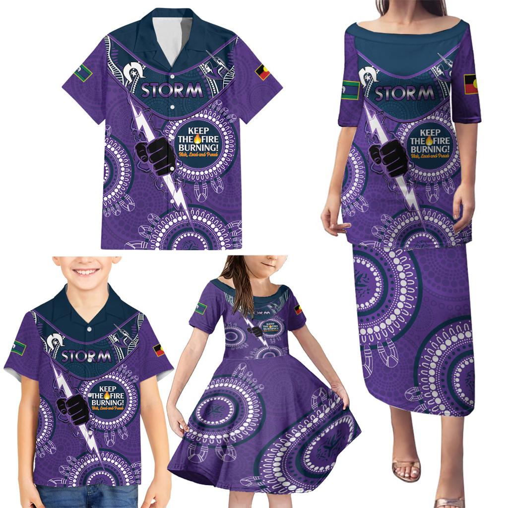 Custom NRL Storm NAIDOC Week Family Matching Puletasi and Hawaiian Shirt Keep The Fire Burning Indigenous Art